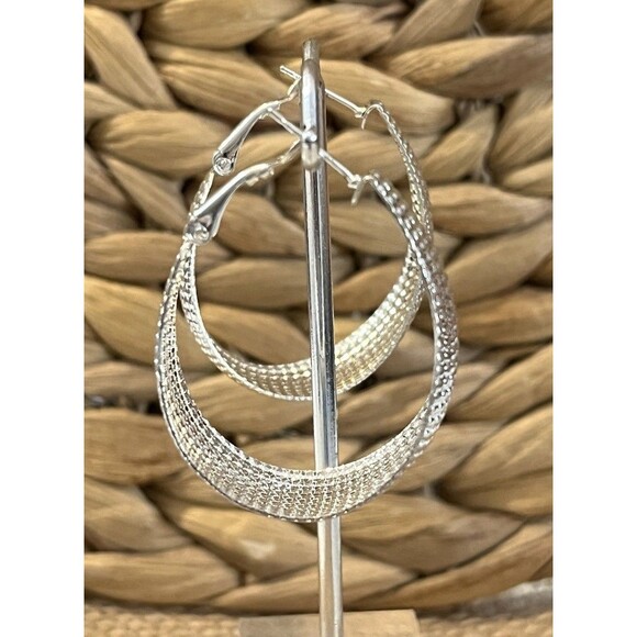 Extra Large Textured Silver Tone VTG Y2K Hoop Earrings For Pierced Ears - Picture 3 of 7